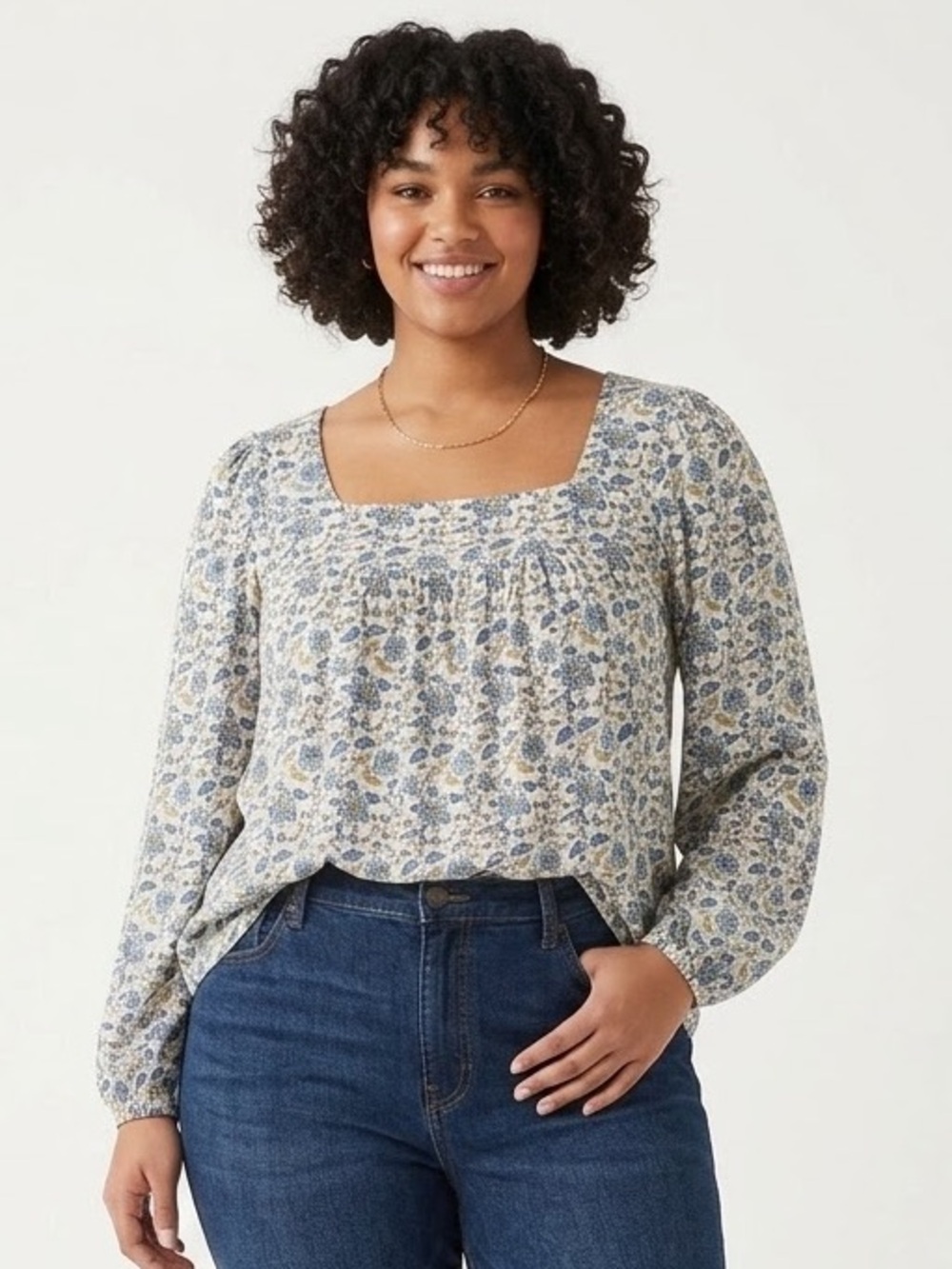 Lucky Brand Blue & Yellow Floral Scoop-Neck  Blouse XXL